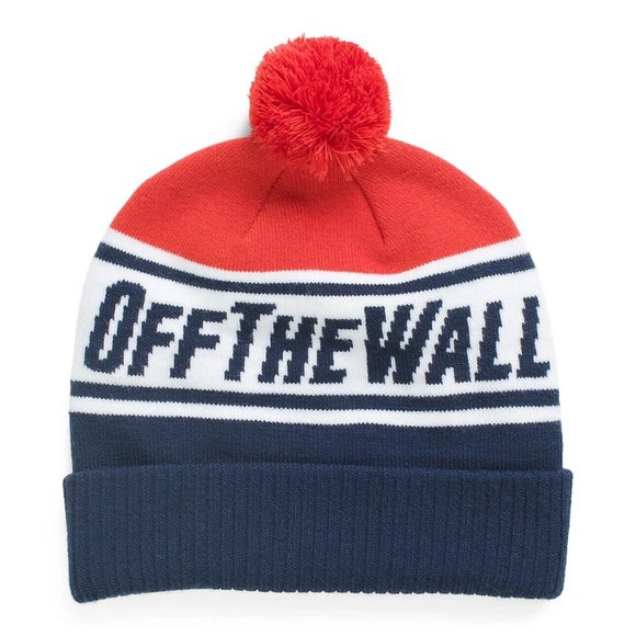 VANS STRIPE OFF THE WALL SCRIPT POM BEANIE KIDS - DRESS BLUES/CHILLI PEPPER - Picture 1 of 4